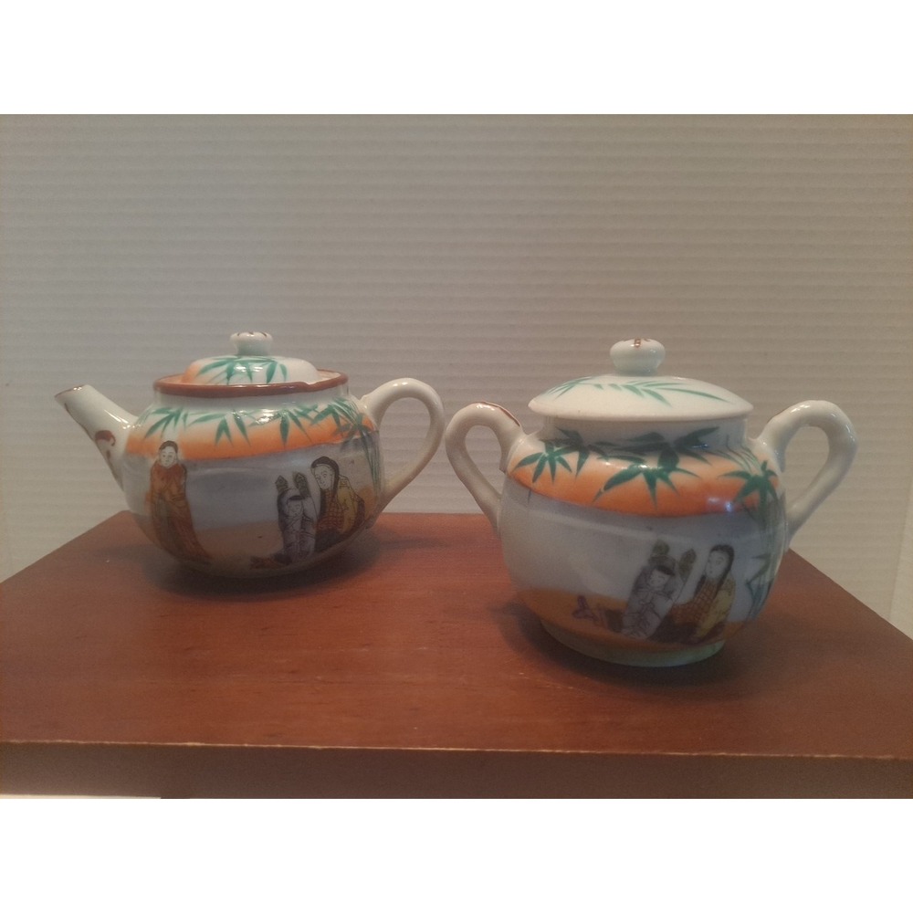 VTG Japanese Teapot and Sugar Hand Painted Porcelain Geishas‎ Green Orange White